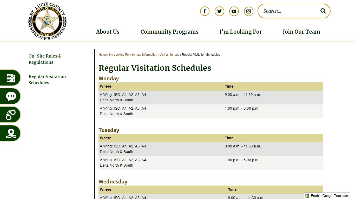 Regular Visitation Schedules | St. Lucie Co Sheriff's Office, FL